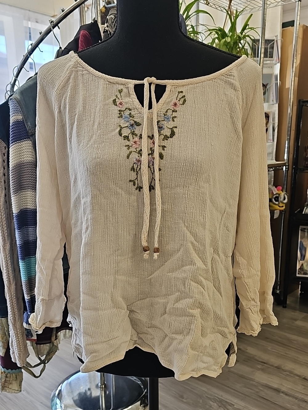 Cream Embroidered Peasant Blouse with Tie Neck